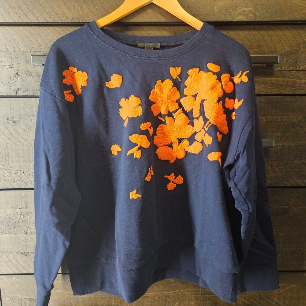 J Crew Embroidered Flower Sweatshirt XL Navy Blue Orange Floral EUC Style H2092